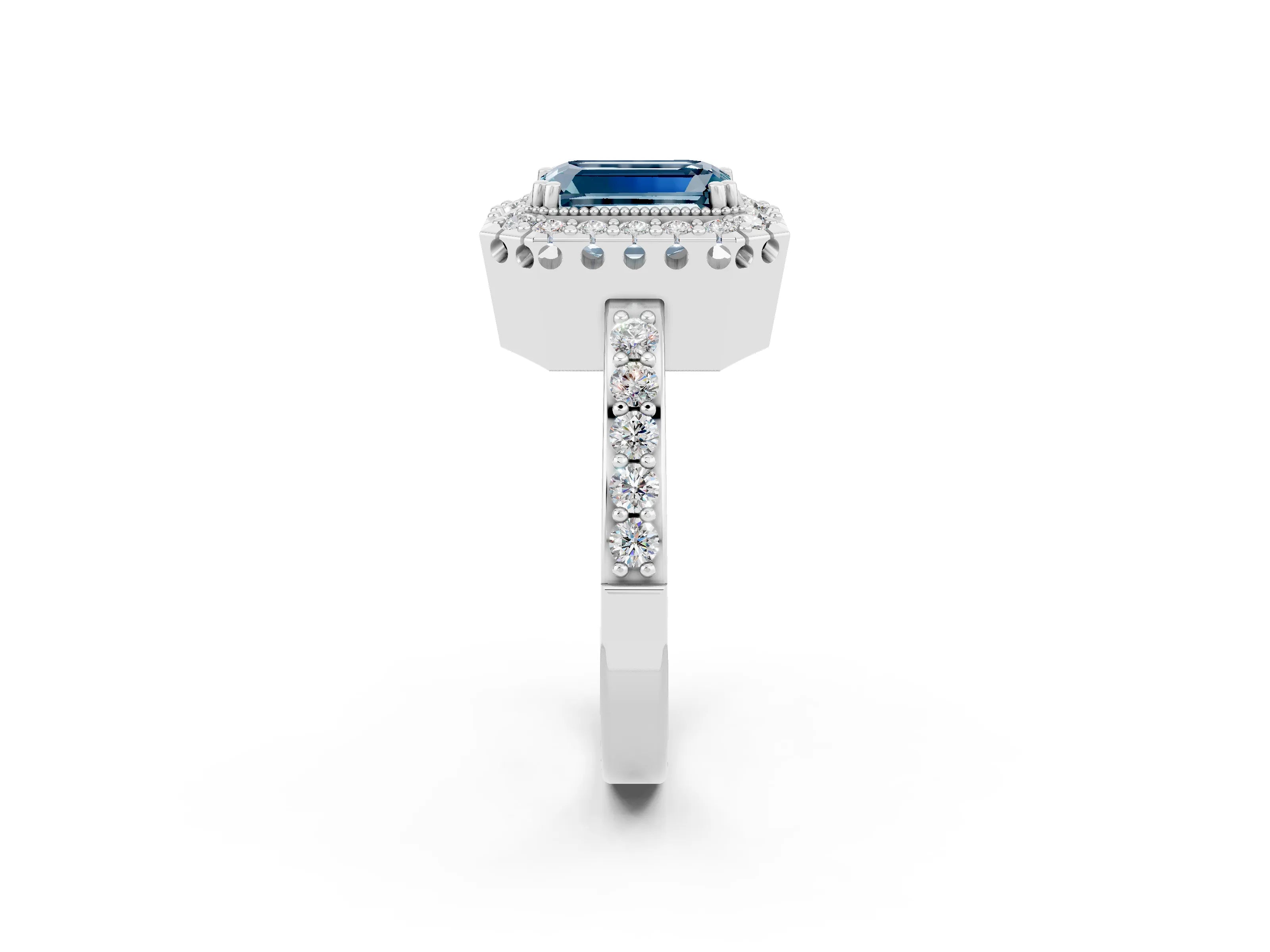 White gold Emerald Cut Diamond Halo Ring with Pavé Band and Prong Setting_2