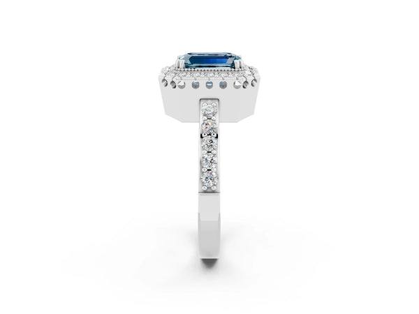 Silver Emerald Cut Aquamarine Halo Ring with Pavé Band and Prong Setting