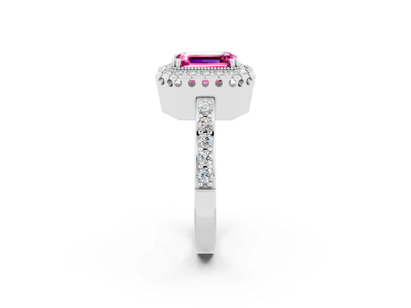 Silver Emerald Cut Pink Sapphire Halo Ring with Pavé Band and Prong Setting