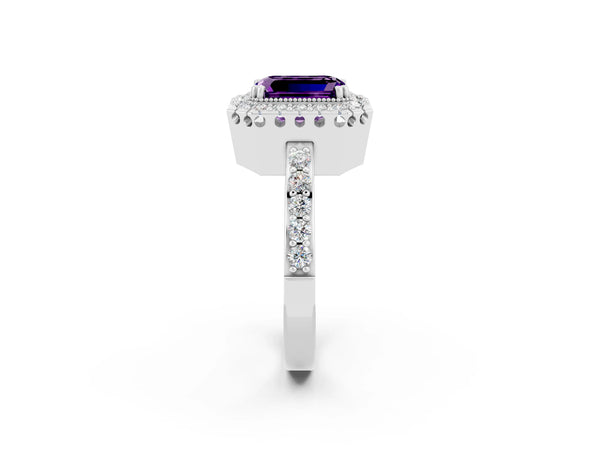 Silver Emerald Cut Amethyst Halo Ring with Pavé Band and Prong Setting
