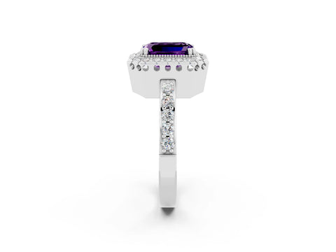 White gold Emerald Cut Diamond Halo Ring with Pavé Band and Prong Setting_2