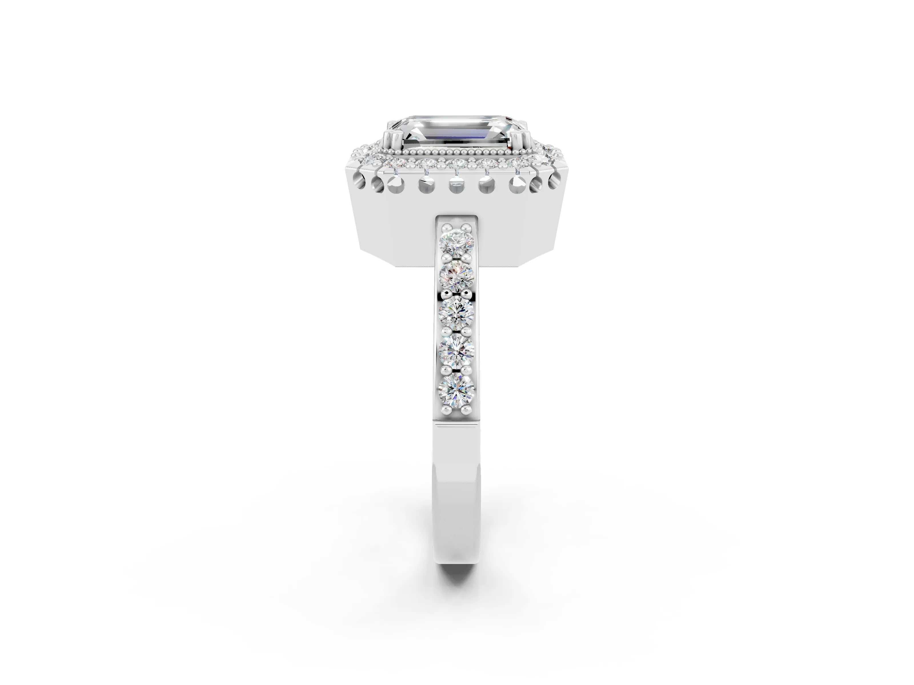 White gold Emerald Cut Diamond Halo Ring with Pavé Band and Prong Setting_2
