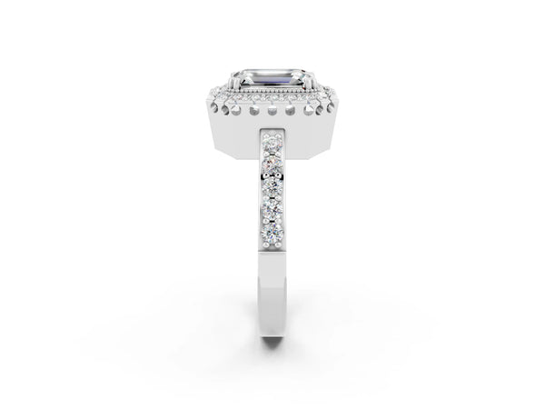 White gold Emerald Cut Moissanite Halo Ring with Pavé Band and Prong Setting