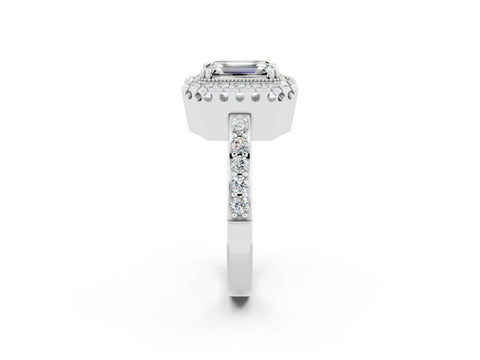 White gold Emerald Cut Diamond Halo Ring with Pavé Band and Prong Setting_2
