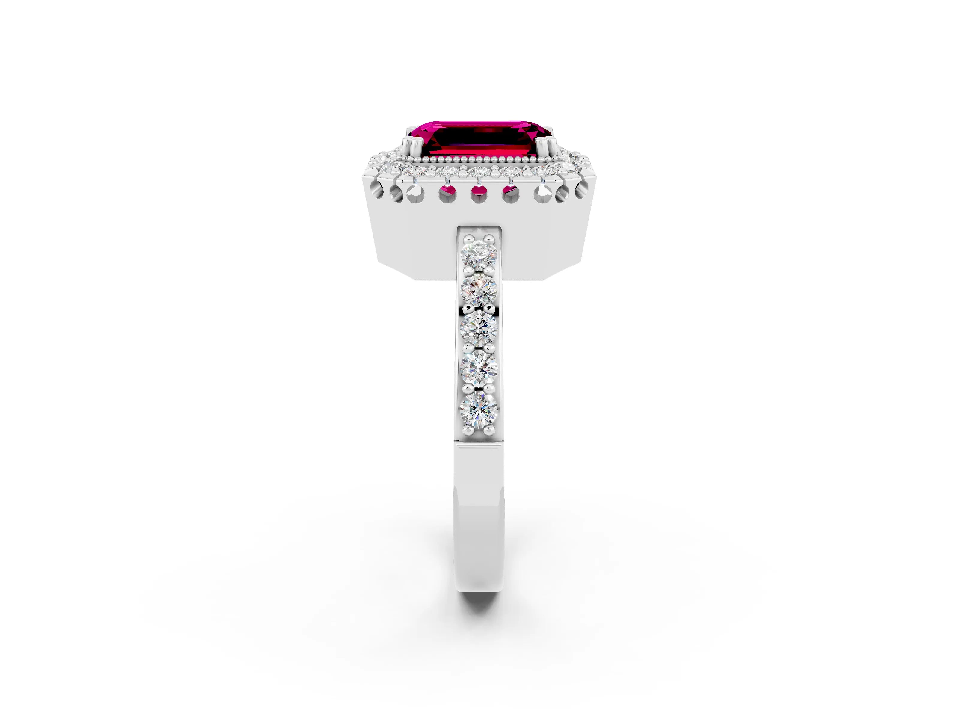 White gold Emerald Cut Diamond Halo Ring with Pavé Band and Prong Setting_2