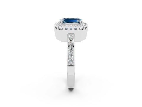 White gold Emerald Cut Diamond Halo Ring with Pavé Band and Prong Setting_2