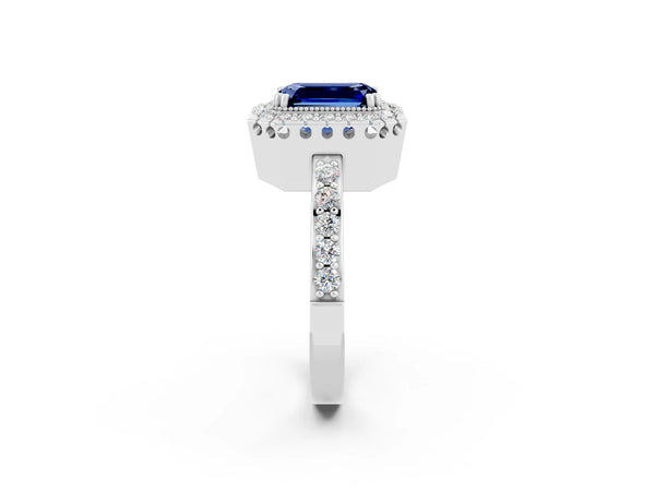 Platinum Emerald Cut Blue Sapphire Halo Ring with Pavé Band and Prong Setting