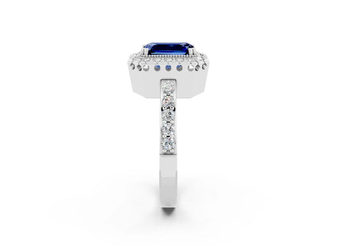 White gold Emerald Cut Diamond Halo Ring with Pavé Band and Prong Setting_2