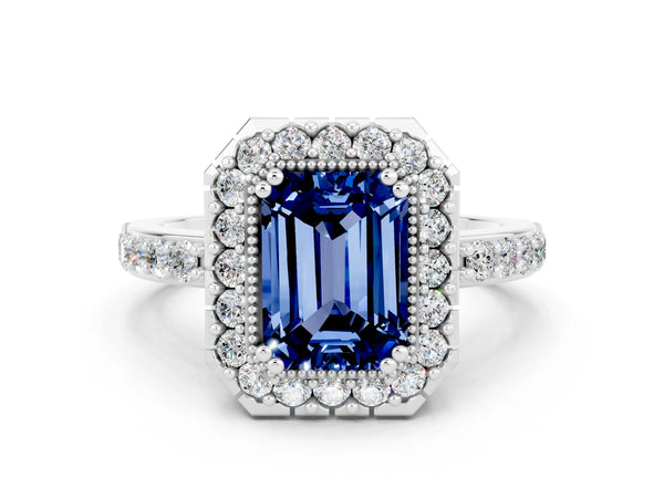 Platinum Emerald Cut Blue Sapphire Halo Ring with Pavé Band and Prong Setting