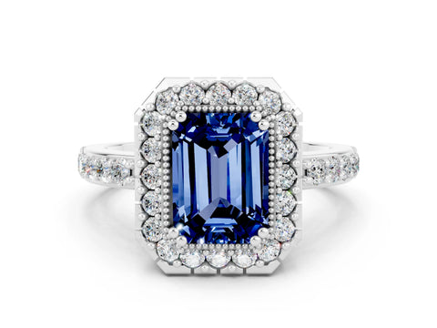 White gold Emerald Cut Diamond Halo Ring with Pavé Band and Prong Setting