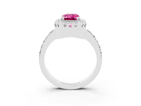 White gold Emerald Cut Diamond Halo Ring with Pavé Band and Prong Setting_3