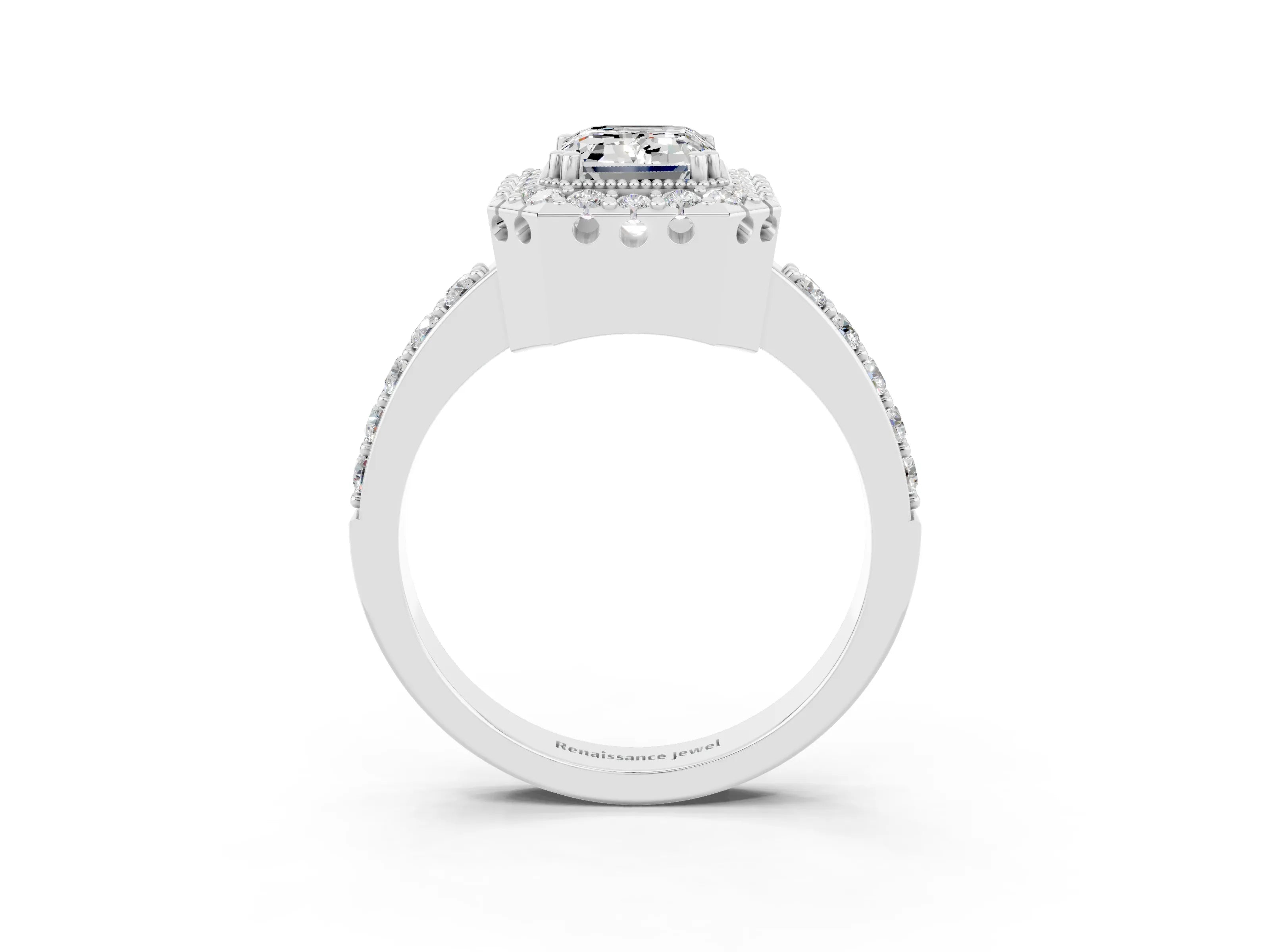 White gold Emerald Cut Diamond Halo Ring with Pavé Band and Prong Setting_3