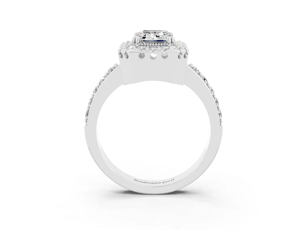 White gold Emerald Cut Moissanite Halo Ring with Pavé Band and Prong Setting