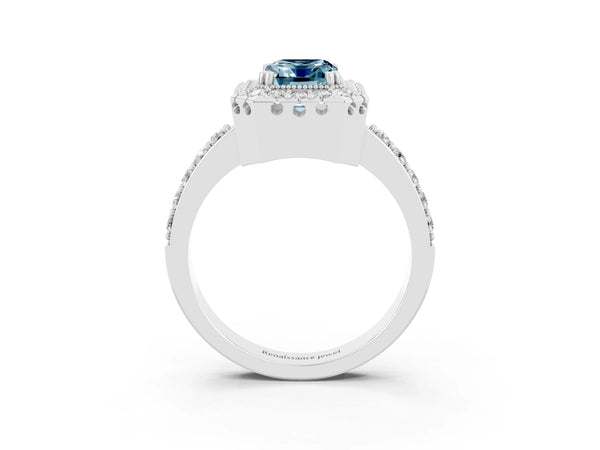Silver Emerald Cut Aquamarine Halo Ring with Pavé Band and Prong Setting