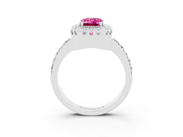 Silver Emerald Cut Pink Sapphire Halo Ring with Pavé Band and Prong Setting