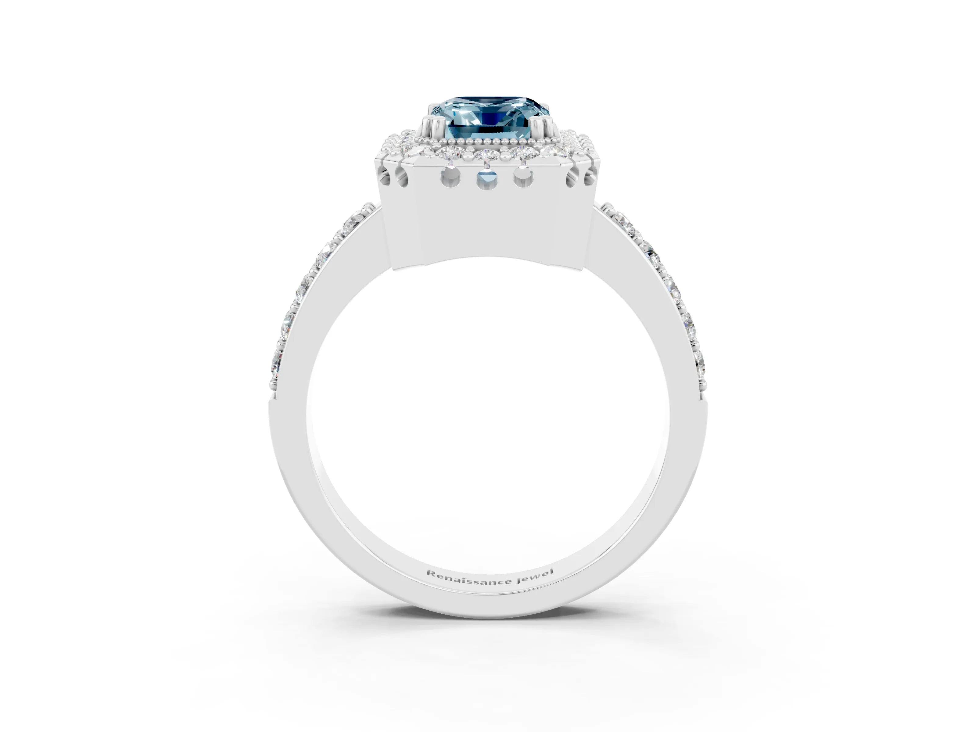 White gold Emerald Cut Diamond Halo Ring with Pavé Band and Prong Setting_3