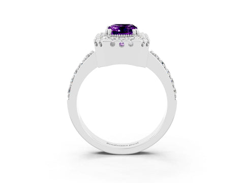 White gold Emerald Cut Diamond Halo Ring with Pavé Band and Prong Setting_3