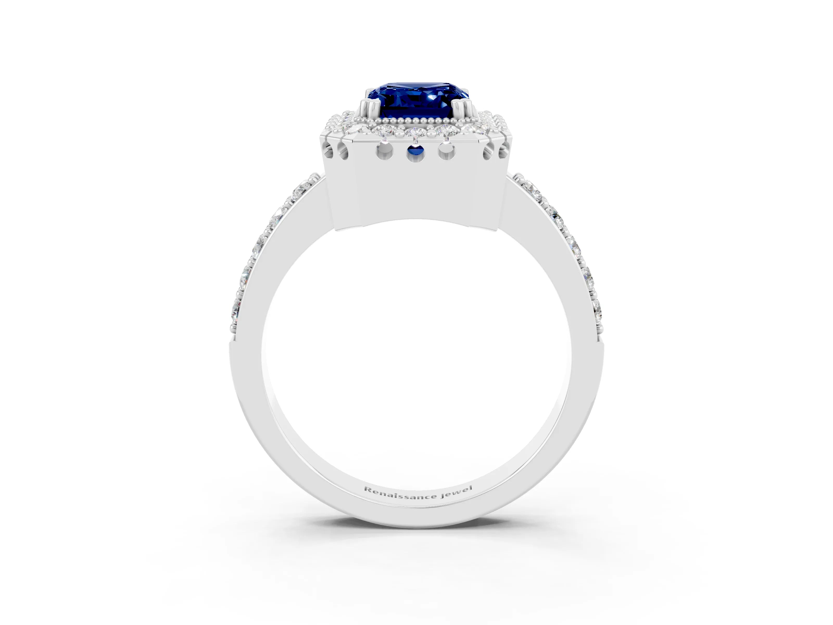White gold Emerald Cut Diamond Halo Ring with Pavé Band and Prong Setting_3