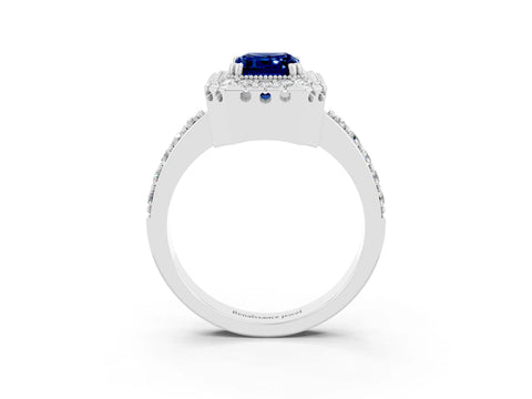 White gold Emerald Cut Diamond Halo Ring with Pavé Band and Prong Setting_3