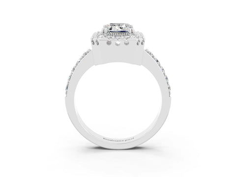 White gold Emerald Cut Diamond Halo Ring with Pavé Band and Prong Setting_3