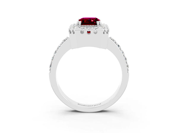 Platinum Emerald Cut Garnet Halo Ring with Pavé Band and Prong Setting