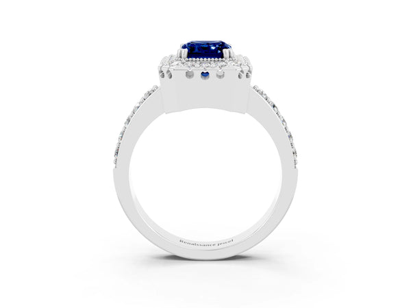 Platinum Emerald Cut Blue Sapphire Halo Ring with Pavé Band and Prong Setting