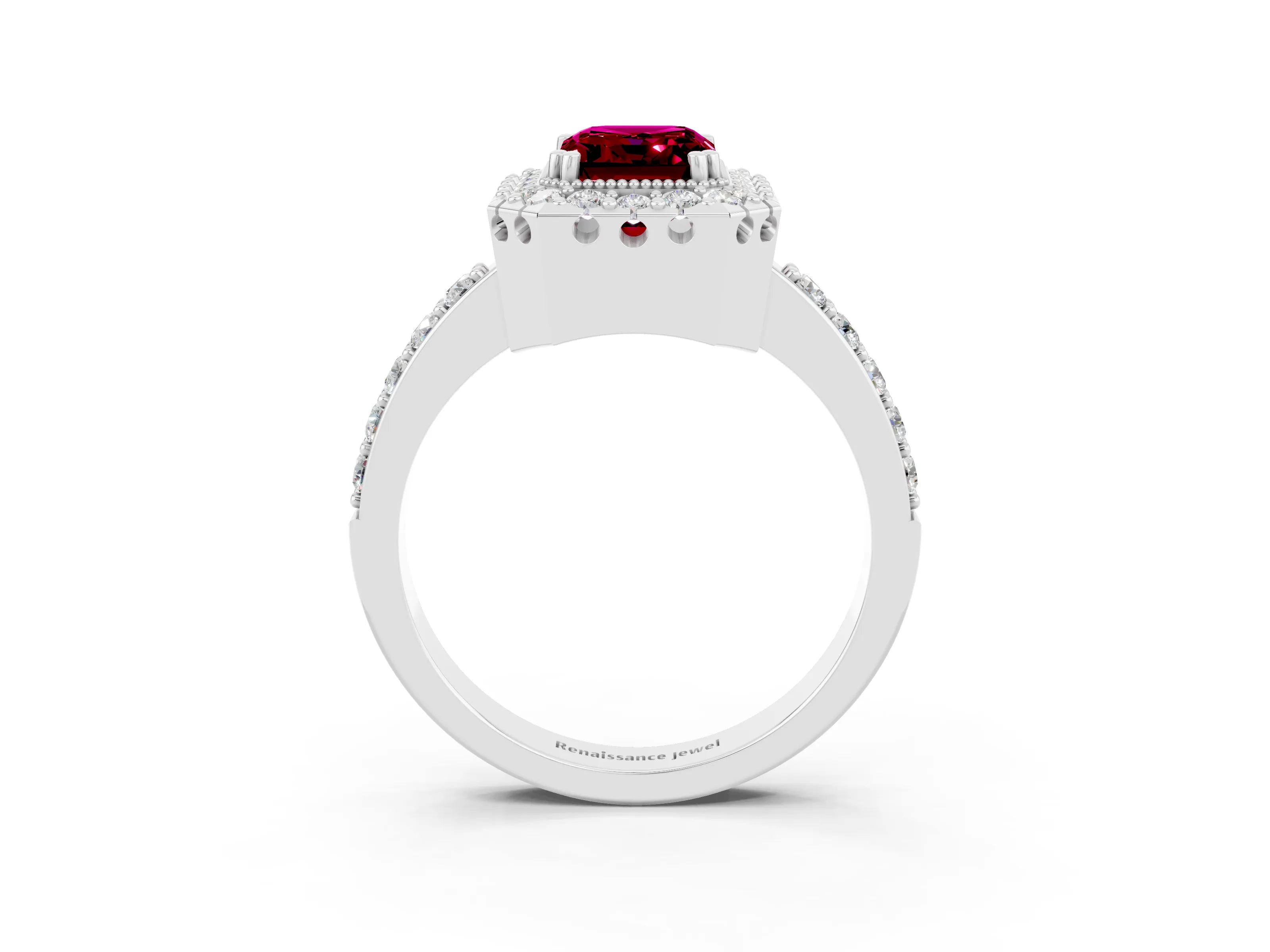 White gold Emerald Cut Diamond Halo Ring with Pavé Band and Prong Setting_3
