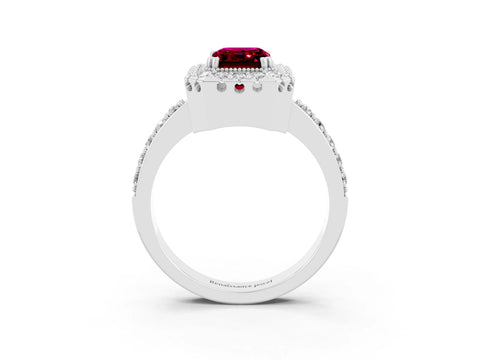 White gold Emerald Cut Diamond Halo Ring with Pavé Band and Prong Setting_3