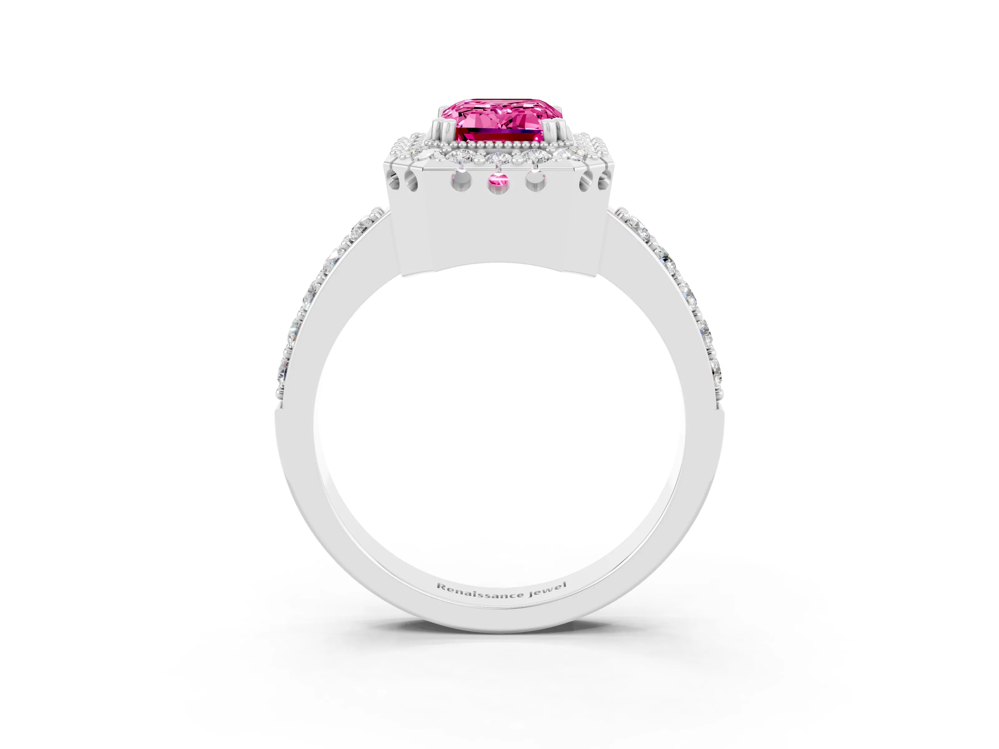 White gold Emerald Cut Diamond Halo Ring with Pavé Band and Prong Setting_3