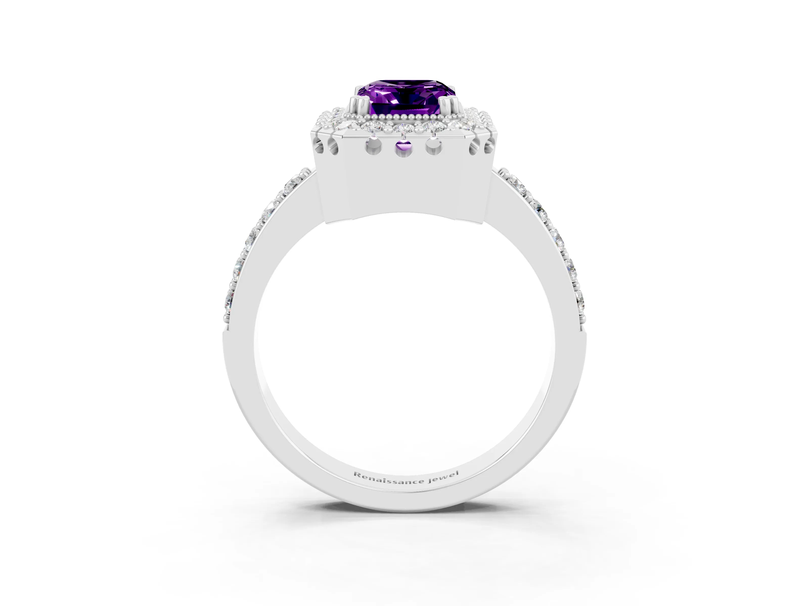 White gold Emerald Cut Diamond Halo Ring with Pavé Band and Prong Setting_3