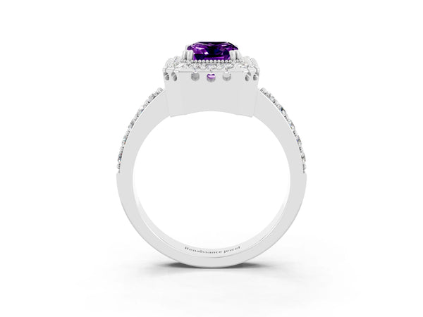 Platinum Emerald Cut Amethyst Halo Ring with Pavé Band and Prong Setting