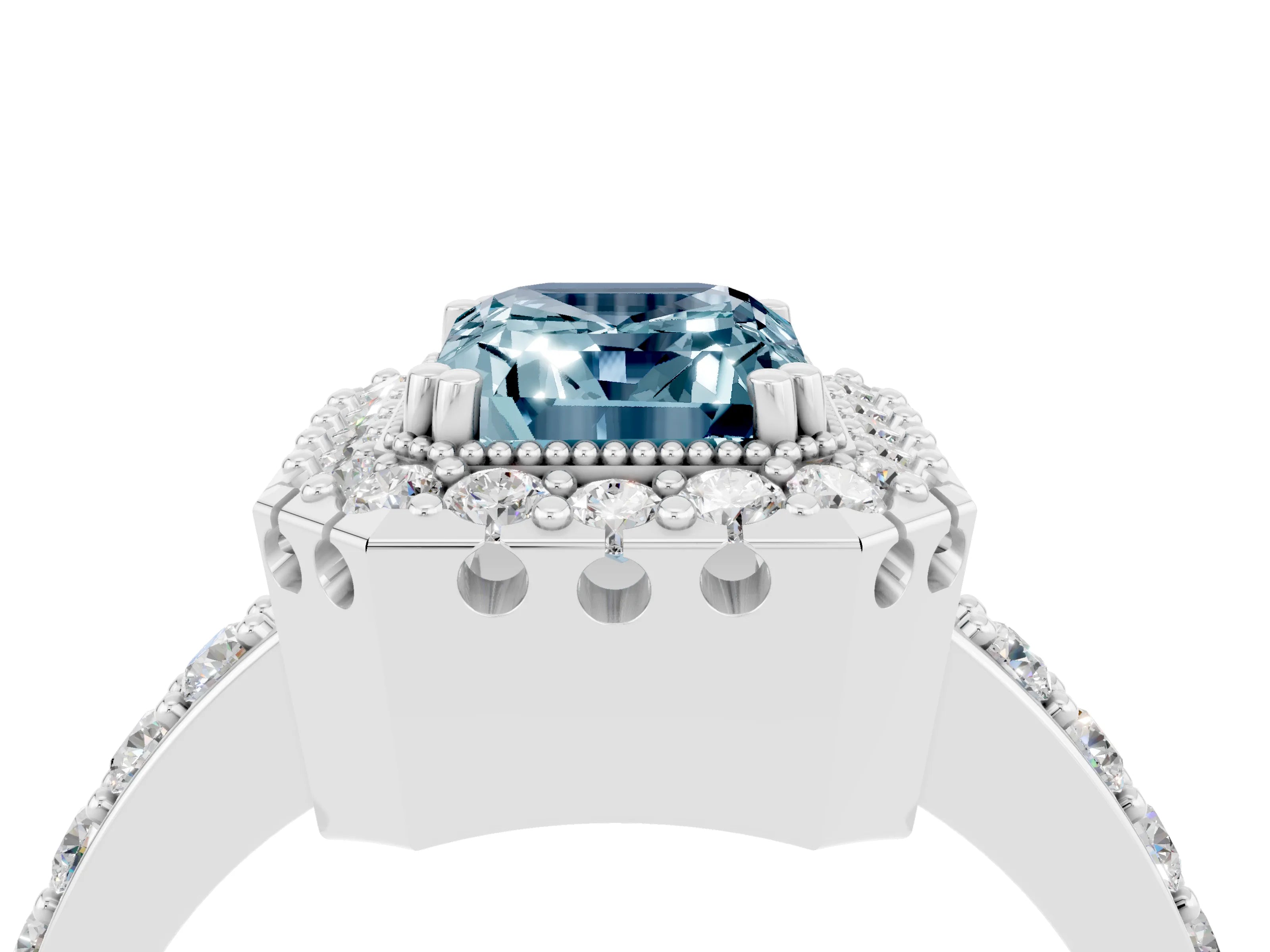 White gold Emerald Cut Diamond Halo Ring with Pavé Band and Prong Setting_4