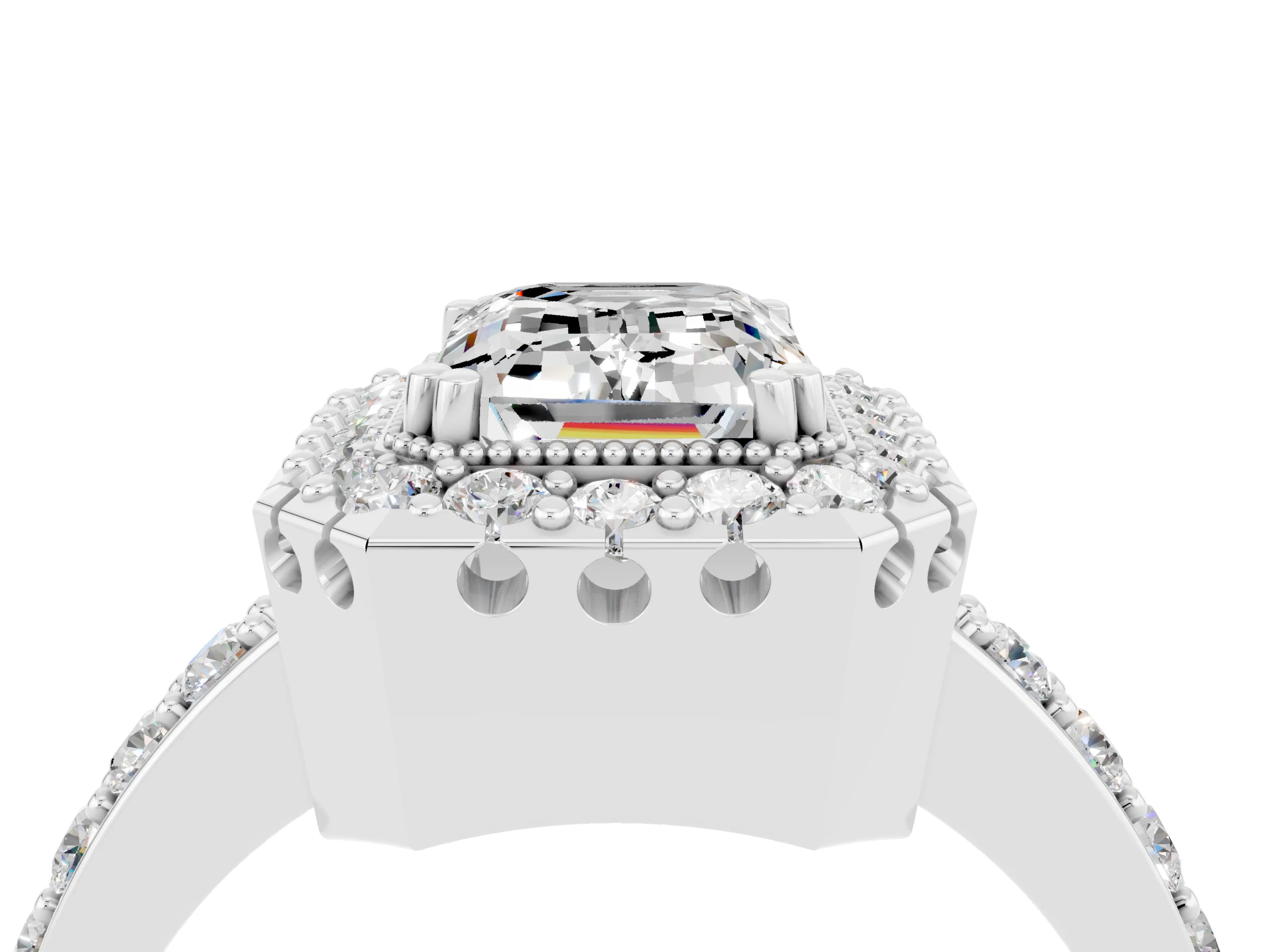 White gold Emerald Cut Diamond Halo Ring with Pavé Band and Prong Setting_4