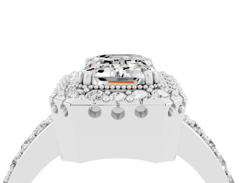 White gold Emerald Cut Diamond Halo Ring with Pavé Band and Prong Setting_4
