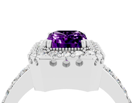 White gold Emerald Cut Diamond Halo Ring with Pavé Band and Prong Setting_4