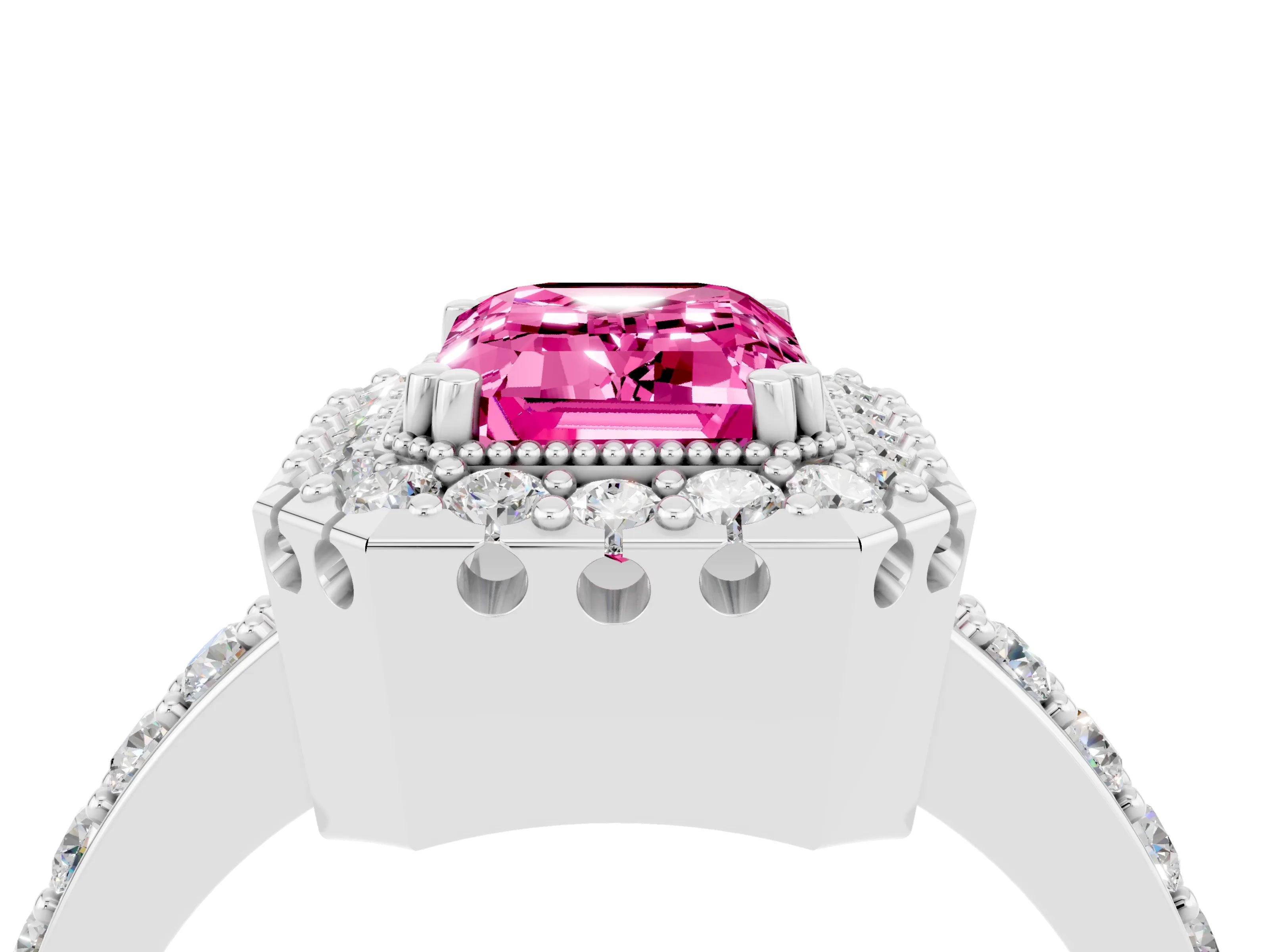 White gold Emerald Cut Diamond Halo Ring with Pavé Band and Prong Setting_4
