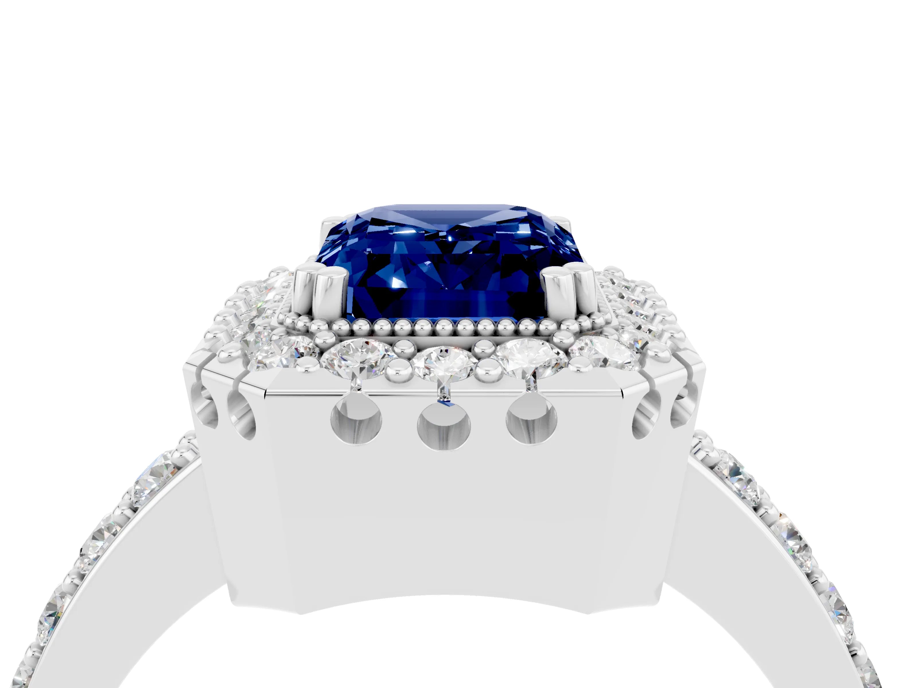 White gold Emerald Cut Diamond Halo Ring with Pavé Band and Prong Setting_4