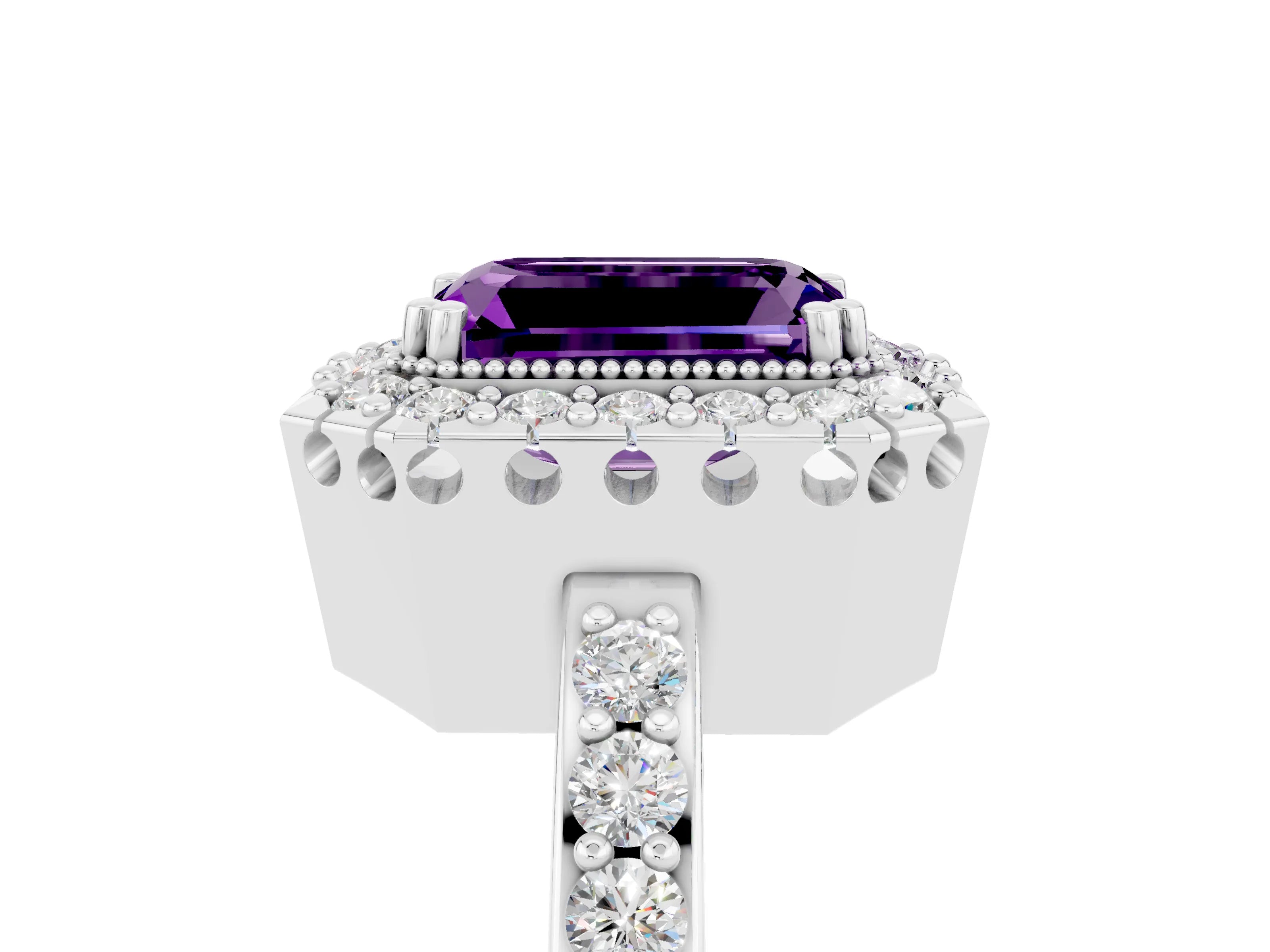White gold Emerald Cut Diamond Halo Ring with Pavé Band and Prong Setting_5