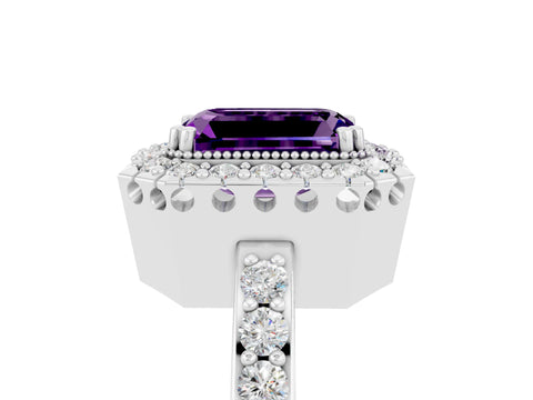 White gold Emerald Cut Diamond Halo Ring with Pavé Band and Prong Setting_5