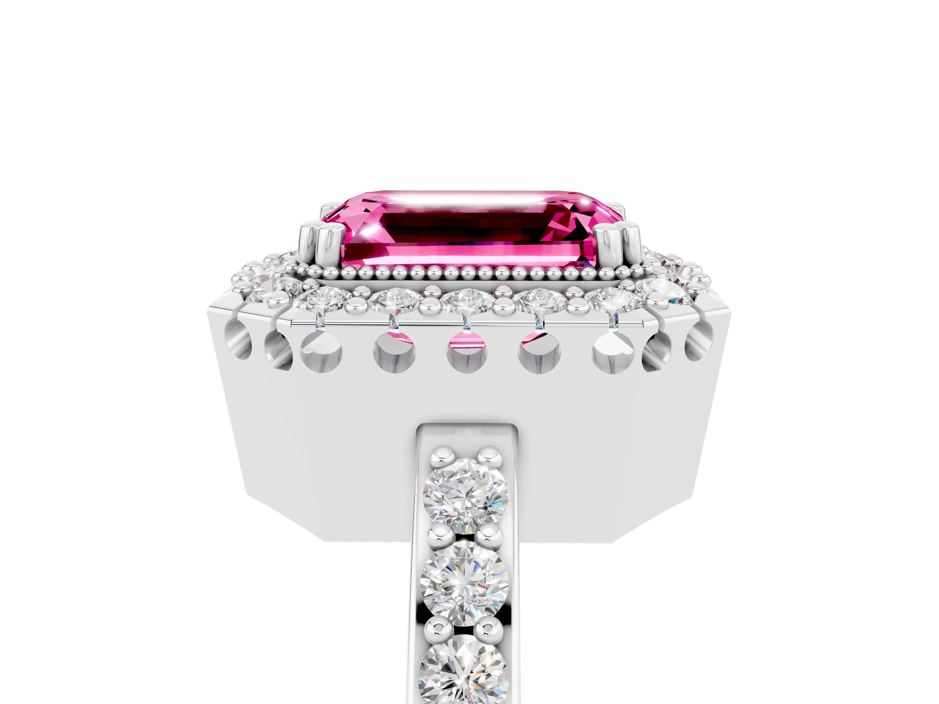 White gold Emerald Cut Diamond Halo Ring with Pavé Band and Prong Setting_5