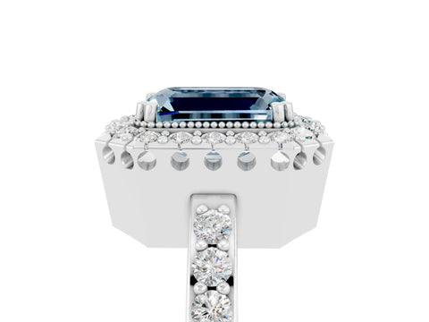 White gold Emerald Cut Diamond Halo Ring with Pavé Band and Prong Setting_5
