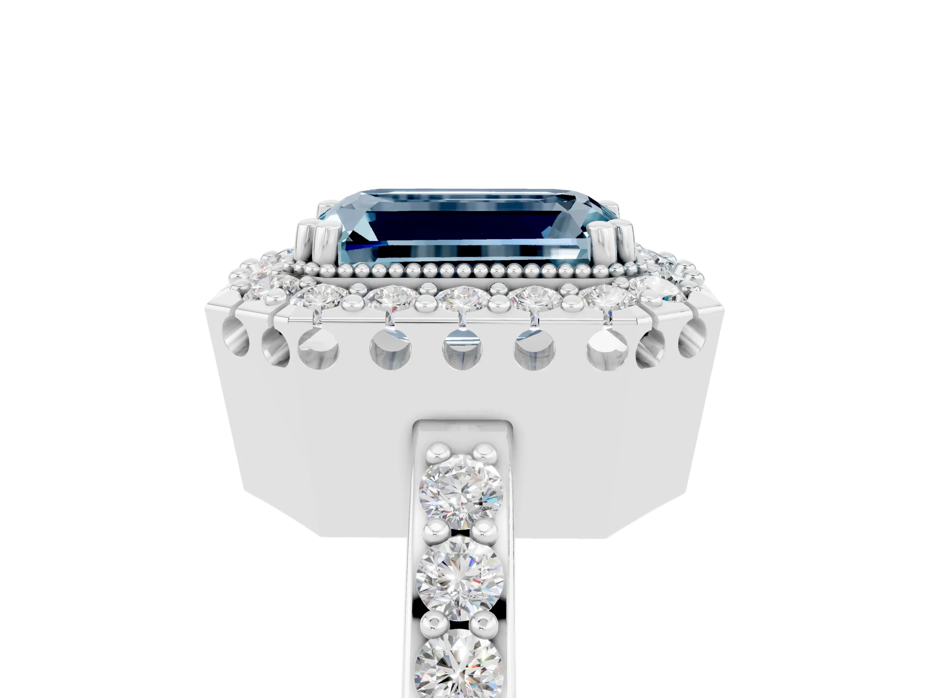 White gold Emerald Cut Diamond Halo Ring with Pavé Band and Prong Setting_5