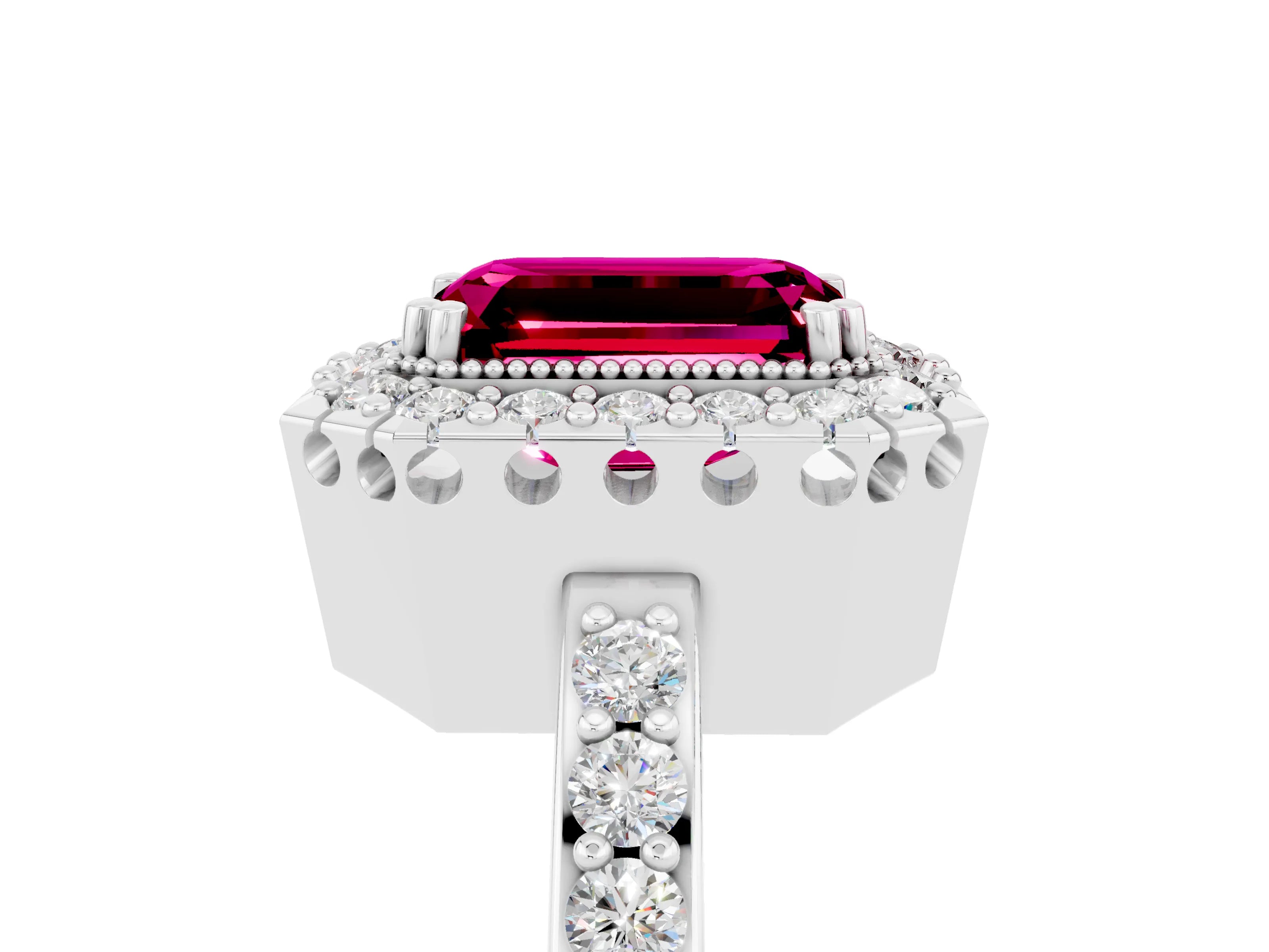 White gold Emerald Cut Diamond Halo Ring with Pavé Band and Prong Setting_5