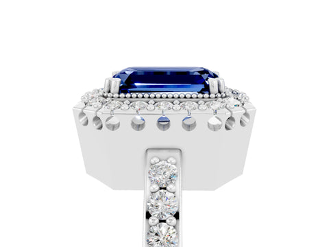 White gold Emerald Cut Diamond Halo Ring with Pavé Band and Prong Setting_5