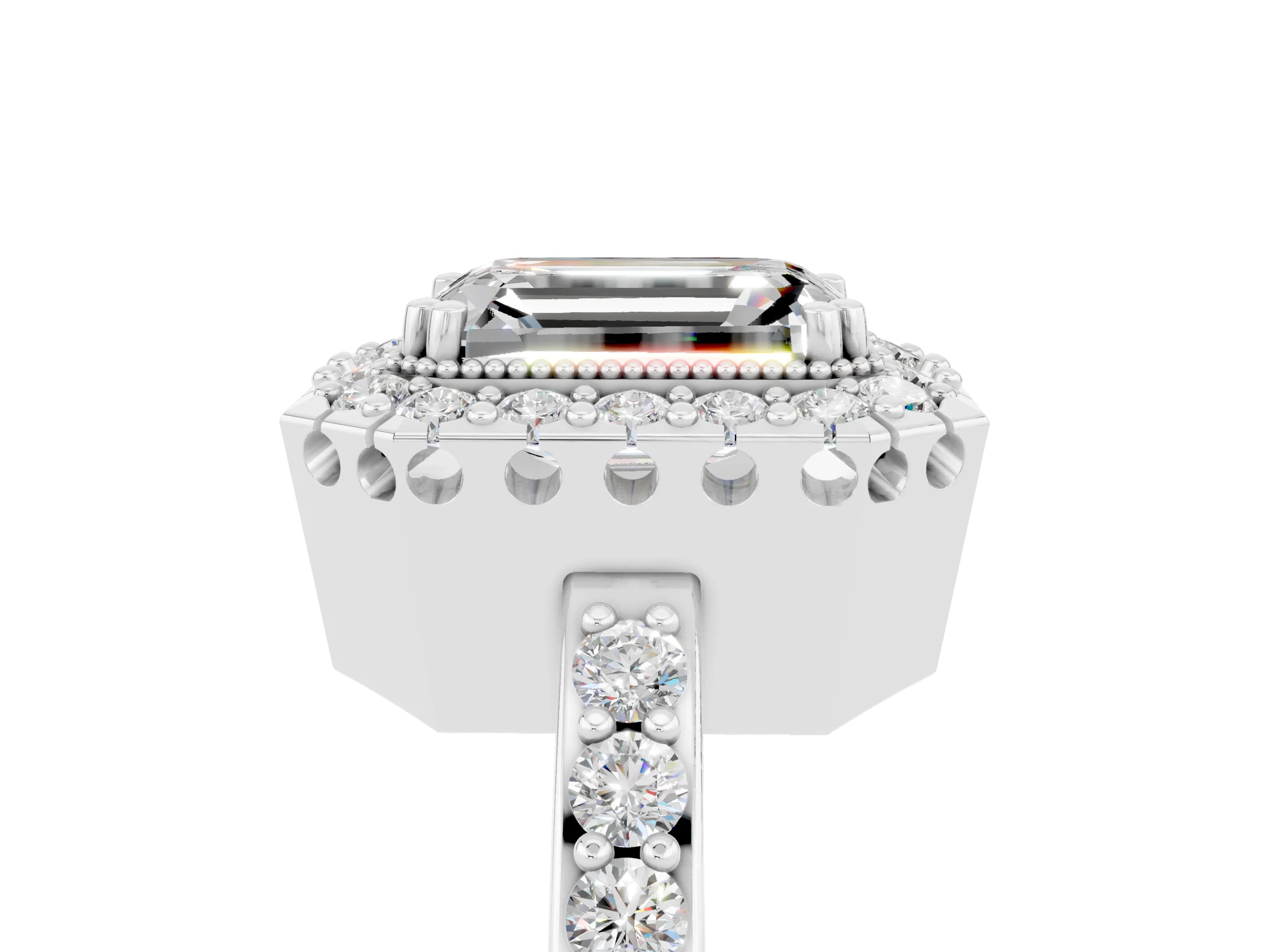 White gold Emerald Cut Diamond Halo Ring with Pavé Band and Prong Setting_5