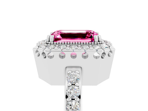 White gold Emerald Cut Diamond Halo Ring with Pavé Band and Prong Setting_5