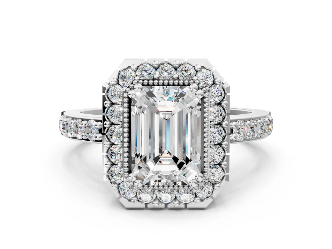 White gold Emerald Cut Diamond Halo Ring with Pavé Band and Prong Setting_7