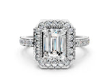 White gold Emerald Cut Diamond Halo Ring with Pavé Band and Prong Setting_7