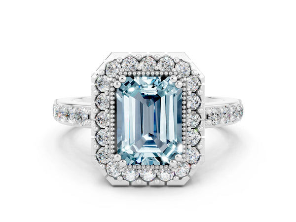 Platinum Emerald Cut Aquamarine Halo Ring with Pavé Band and Prong Setting