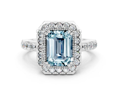 White gold Emerald Cut Diamond Halo Ring with Pavé Band and Prong Setting